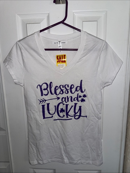 Reserved Tops - Reserved White Short Sleeve V-Neck Tee with Purple 'Blessed and Lucky' Print